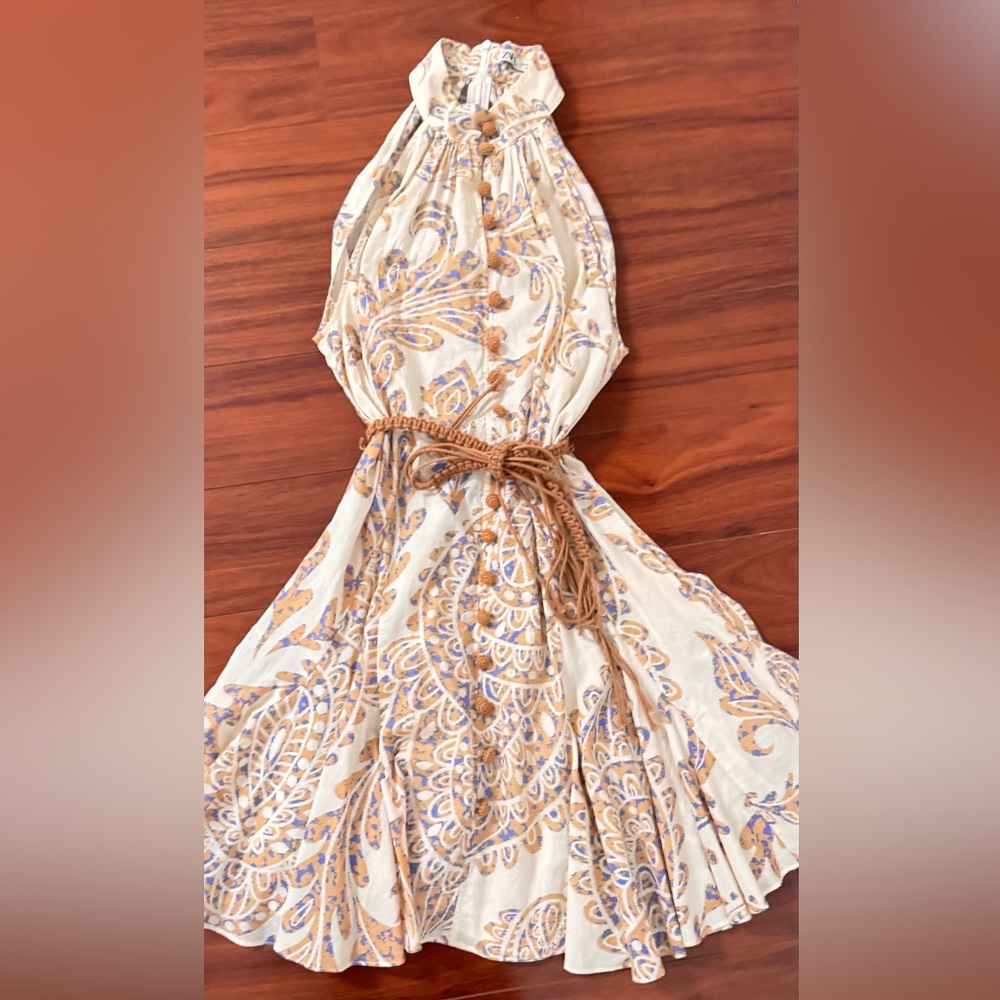 ZARA Elegant Cream and Blue Paisley Dress